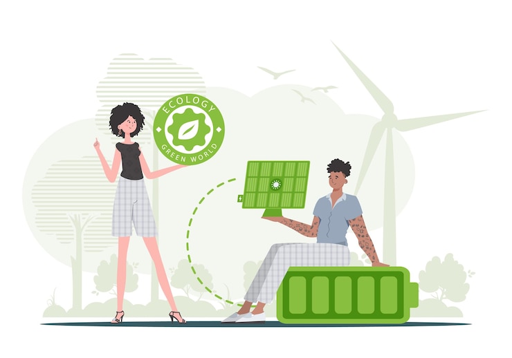 Vetor uma garota e um cara e um conceito de energia ecológica de painel solar vetor