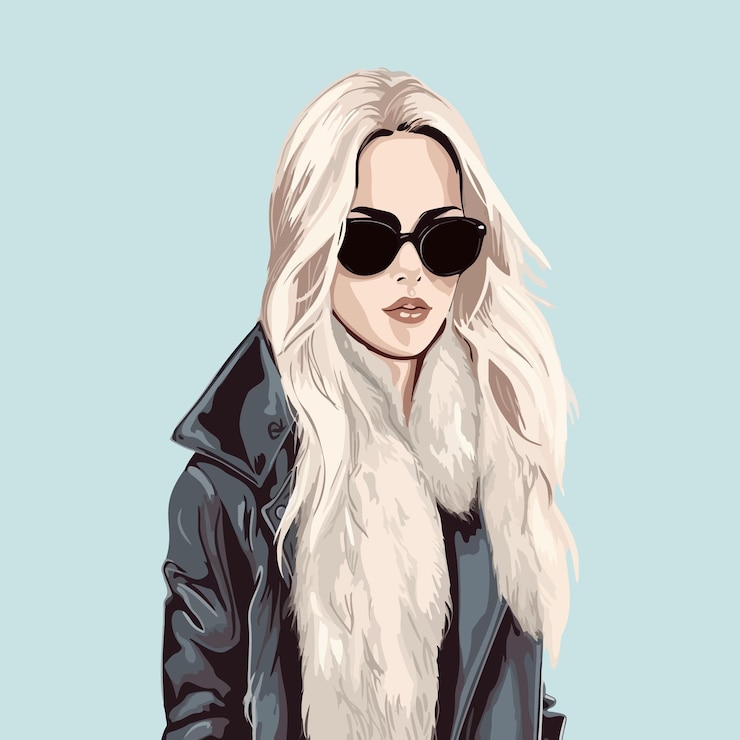 Vetor uma garota elegante em óculos de sol e um casaco com cabelo loiro retratado em uma ilustração de moda
