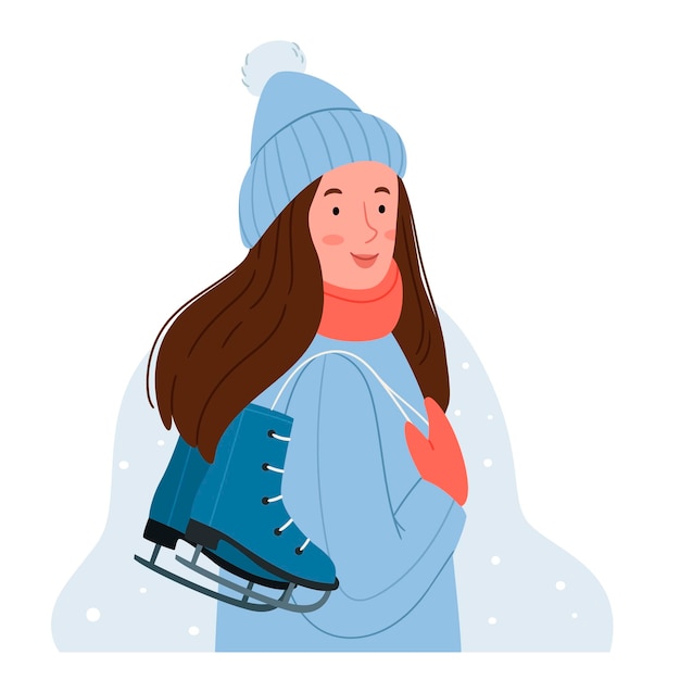 Uma garota elegante em roupas de inverno está segurando patins de gelosimples ilustração desenhada à mão