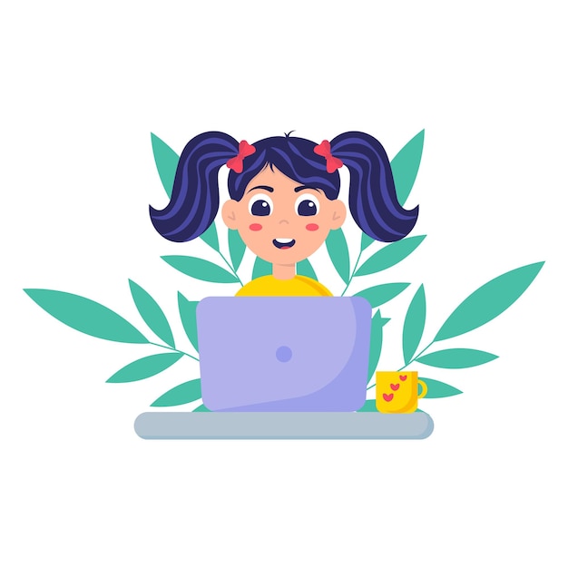 Uma garota está aprendendo a codificar em um laptop programando crianças o conceito de educação infantil estilo plano ilustração vetorial para a publicidade do site