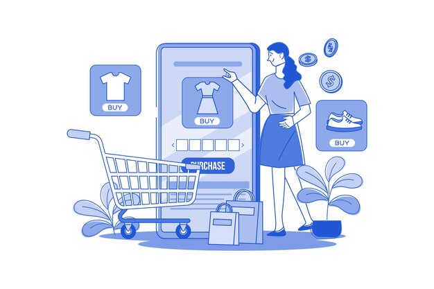 Uma garota está fazendo compras online por meio de um smartphone