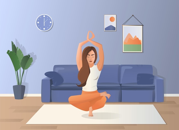 Uma garota faz ioga em casa