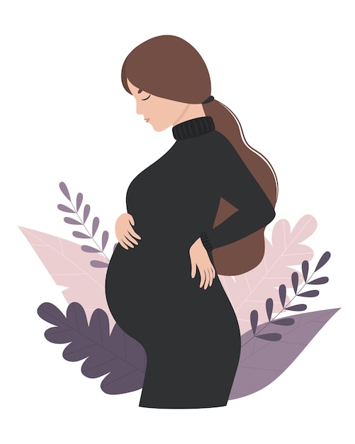 Uma garota grávida em um vestido preto futura mãe feliz