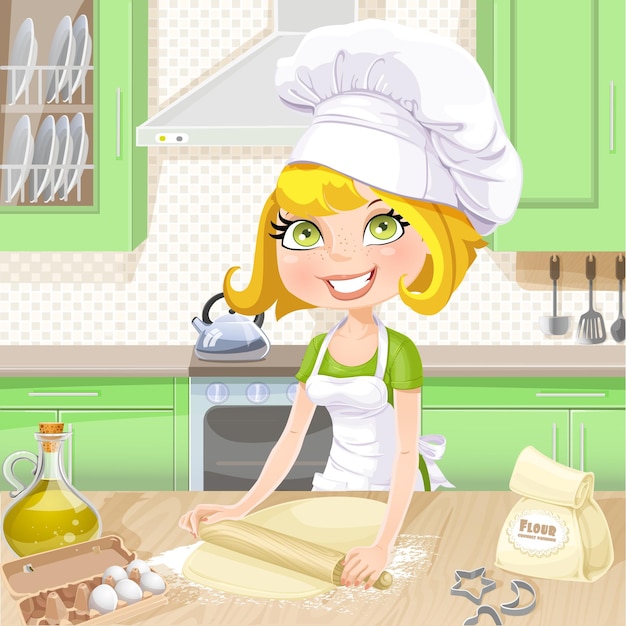 Uma garota loira bonita a fazer biscoitos na cozinha.