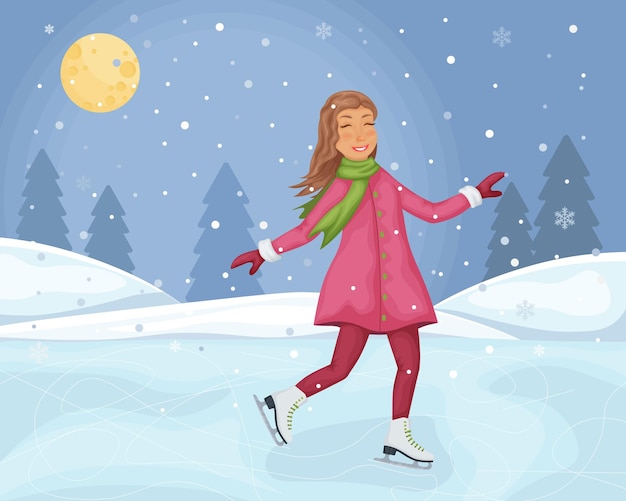 Uma garota na ilustração de inverno de patins com a imagem de uma linda garota sorridente patinando patinação artística em