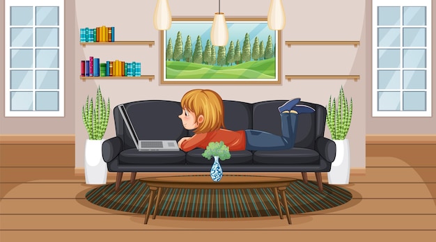 Vetor uma garota navegando na internet no laptop em casa