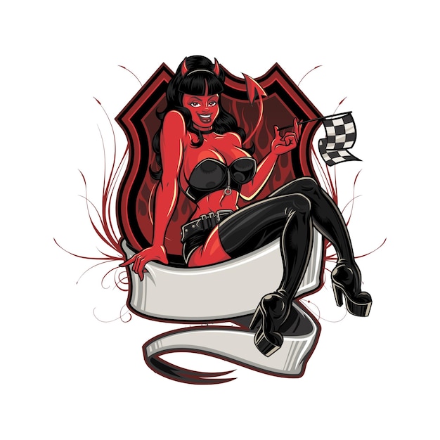 Vetor uma garota red devil senta em uma faixa que diz 