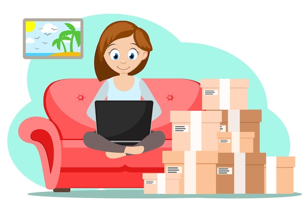 Uma garota se senta em um sofá com um laptop e faz pedidos de mercadorias com entrega em domicílio. Comércio eletrônico
