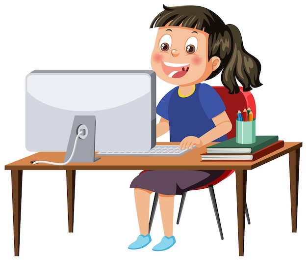 Vetor uma garota sentada em frente ao computador