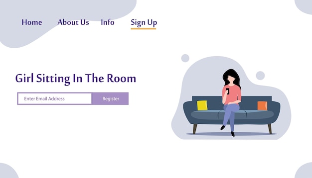 Vetor uma garota sentada na sala no sofá brincando com o gadget. ilustração em vetor plana. modelo de página de destino, estilo desenho animado