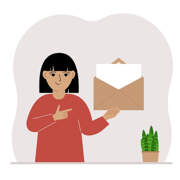 Uma garotinha com um envelope aberto com uma carta folha de papel vazia para modelo de texto conceito de correio enviando um convite de notificação de mensagem