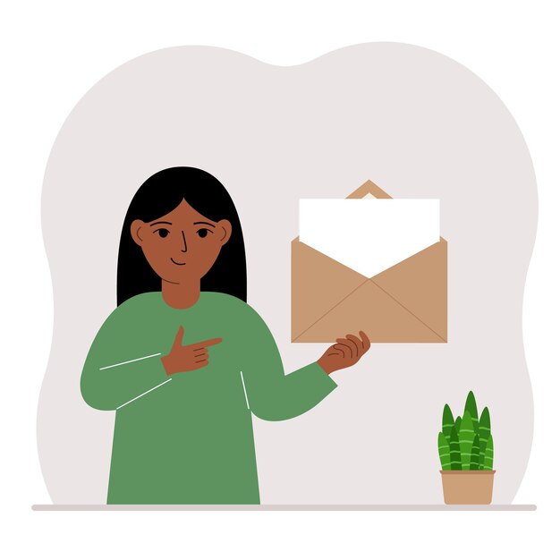 Vetor uma garotinha com um envelope aberto com uma carta folha de papel vazia para modelo de texto conceito de correio enviando um convite de notificação de mensagem