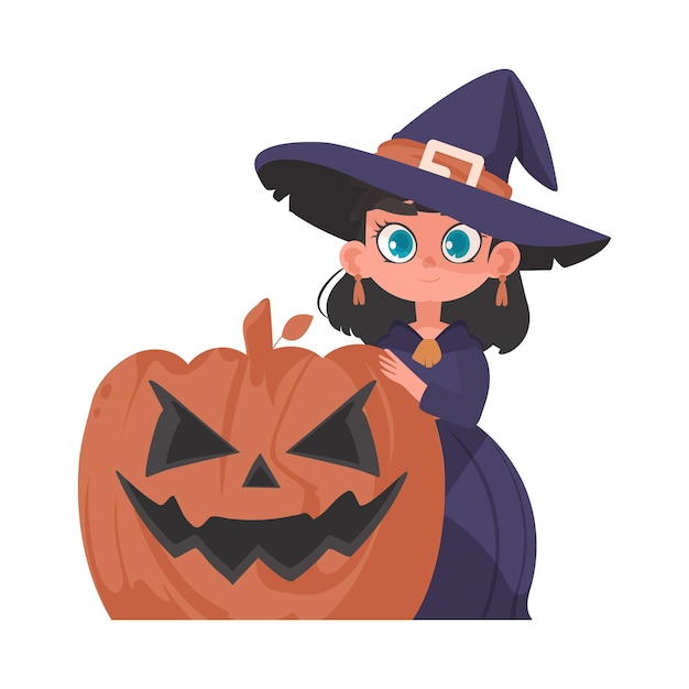 Uma garotinha está vestindo uma fantasia de bruxa assustadora e segurando uma abóbora. O tema do Halloween é sobre se divertir e fazer coisas divertidas relacionadas ao Halloween