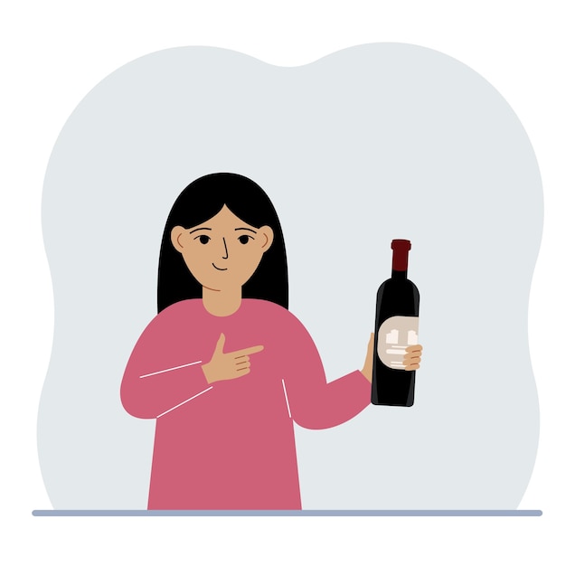 Vetor uma garotinha segura uma garrafa de vinho na mão o conceito de abuso de álcool por menores