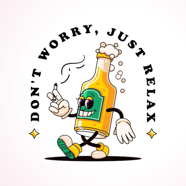 Uma garrafa de cerveja caminhando casualmente mascote de desenho animado
