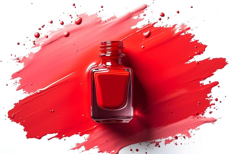 Vetor uma garrafa de líquido vermelho com uma garrafa vermelha de perfume no fundo