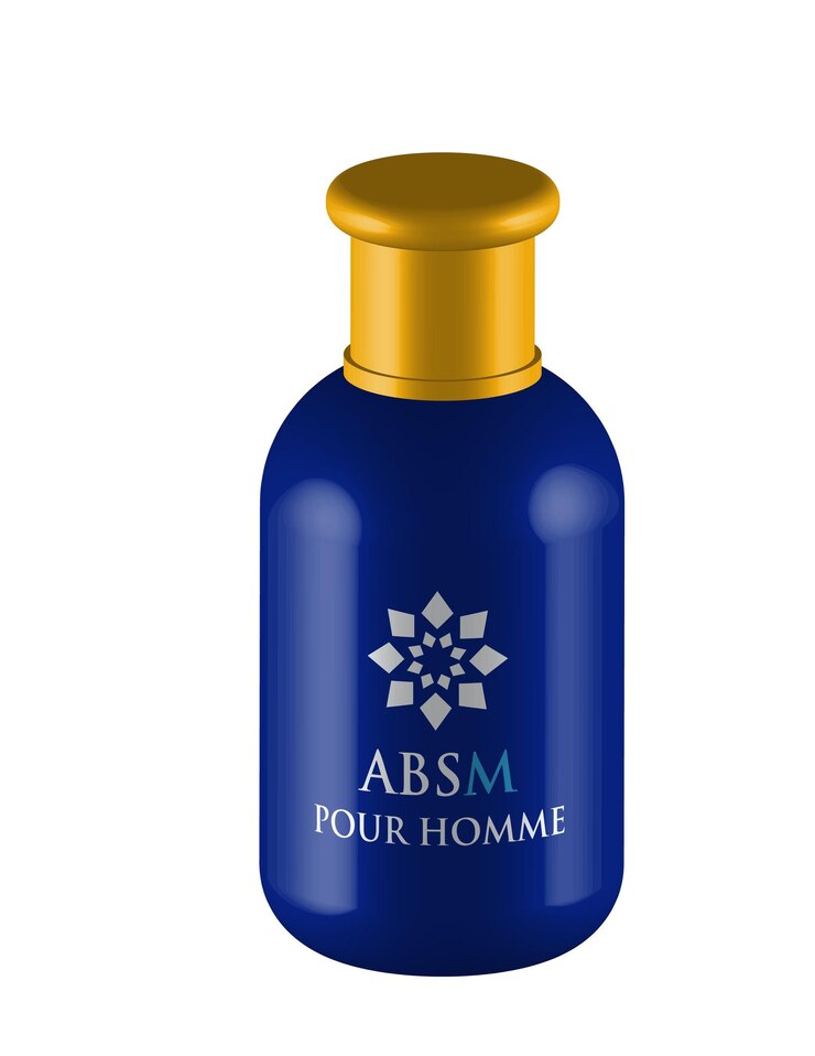 Uma garrafa de perfume azul 3D com um topo dourado