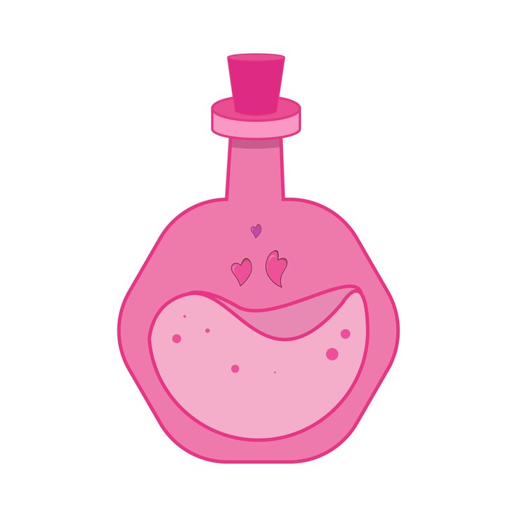 Vetor uma garrafa rosa de uma poção com granulado em forma de coração.
