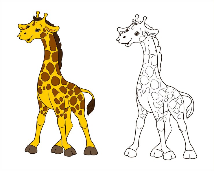 Vetor uma girafa manchada de pescoço comprido. página para colorir para crianças em preto e branco. ilustração vetorial no estilo cartoon, linha artística isolada