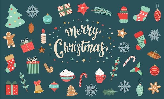 Uma grande coleção de personagens e itens para o ano novo e Natal. ilustração vetorial