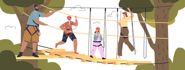 Uma grande família no parque de cordas de aventura juntos: mãe, pai e duas crianças escalando no skypark usando capacetes de segurança. Conceito de atividade de lazer extremo. Ilustração em vetor plana dos desenhos animados