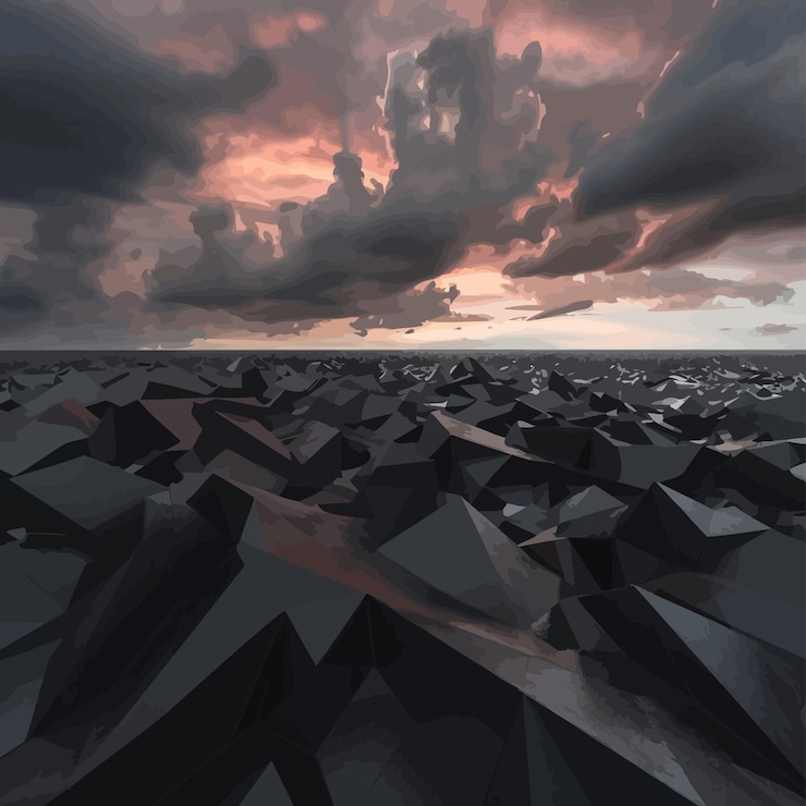 Vetor uma grande imagem em preto e branco de um pôr-do-sol com nuvens e uma grande formação rochosa