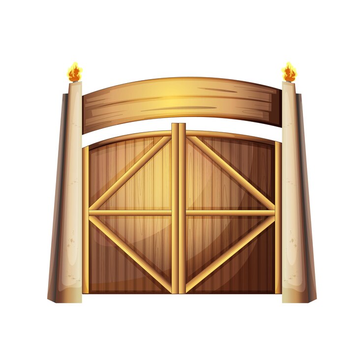 Vetor uma grande porta de madeira com uma porta de ouro que diz a entrada