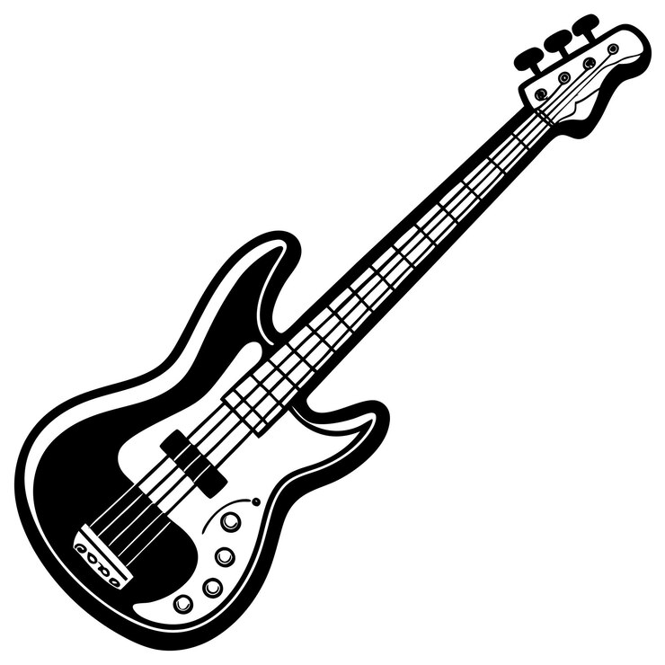 Vetor uma guitarra preta e branca com um fundo branco com uma imagem de uma guitarra nele