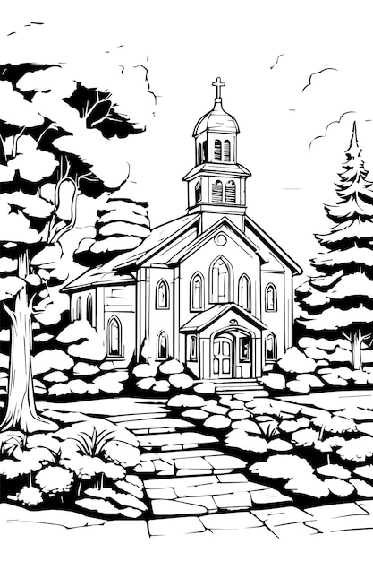 Uma igreja com um campanário e árvores ao fundo