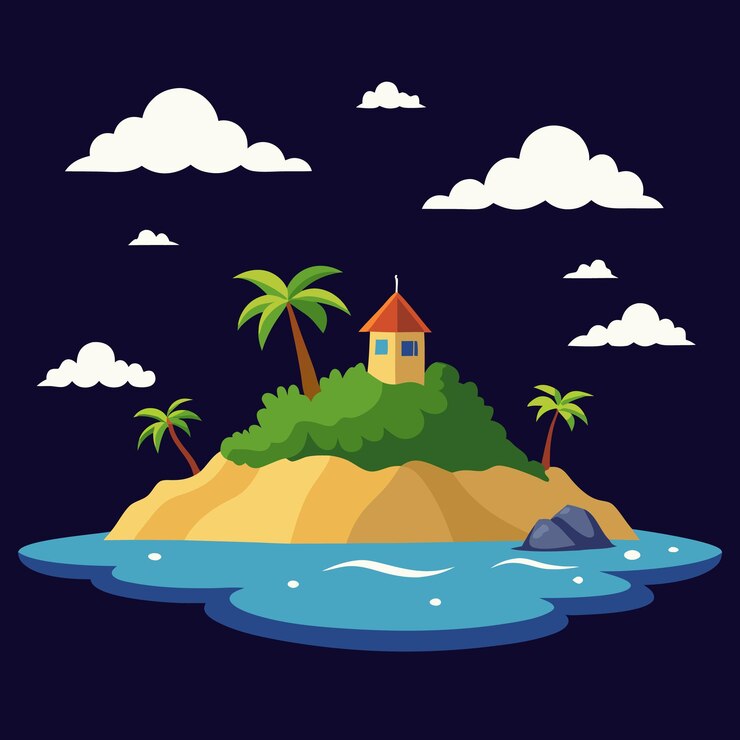 Vetor uma ilha tropical com palmeiras e uma casa na ilha