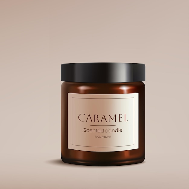 Uma ilustração 3D realista de uma vela perfumada de caramelo em vidro castanho com tampa preta Perfeito para modelos de embalagens de design de spa Cria um ambiente decorativo e aromático brilhante Não AI