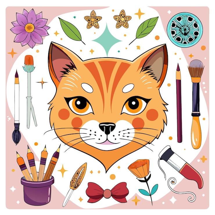 Vetor uma ilustração colorida com o rosto de um gato e suprimentos de arte