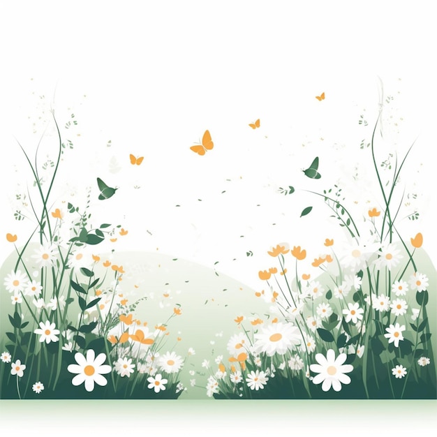 Uma ilustração colorida de flores e borboletas.