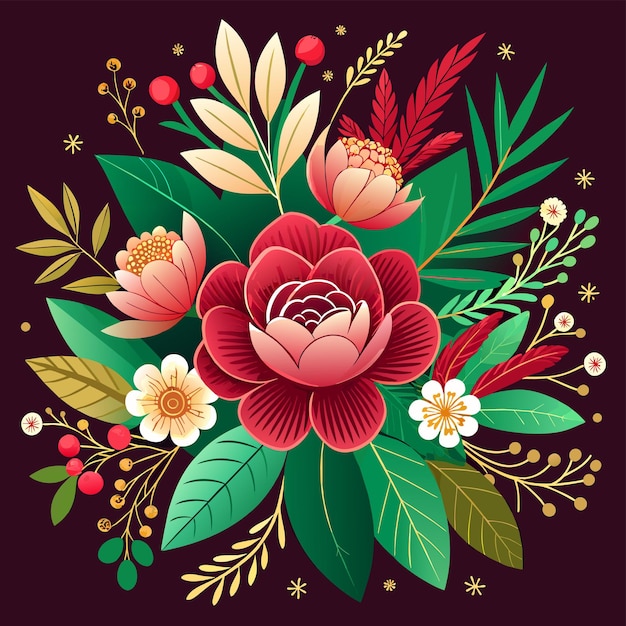 uma ilustração colorida de flores e folhas com um fundo floral