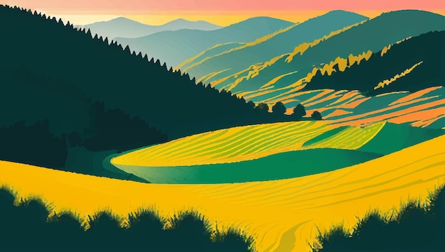 Vetor uma ilustração colorida de um campo agrícola com montanhas ao fundo.