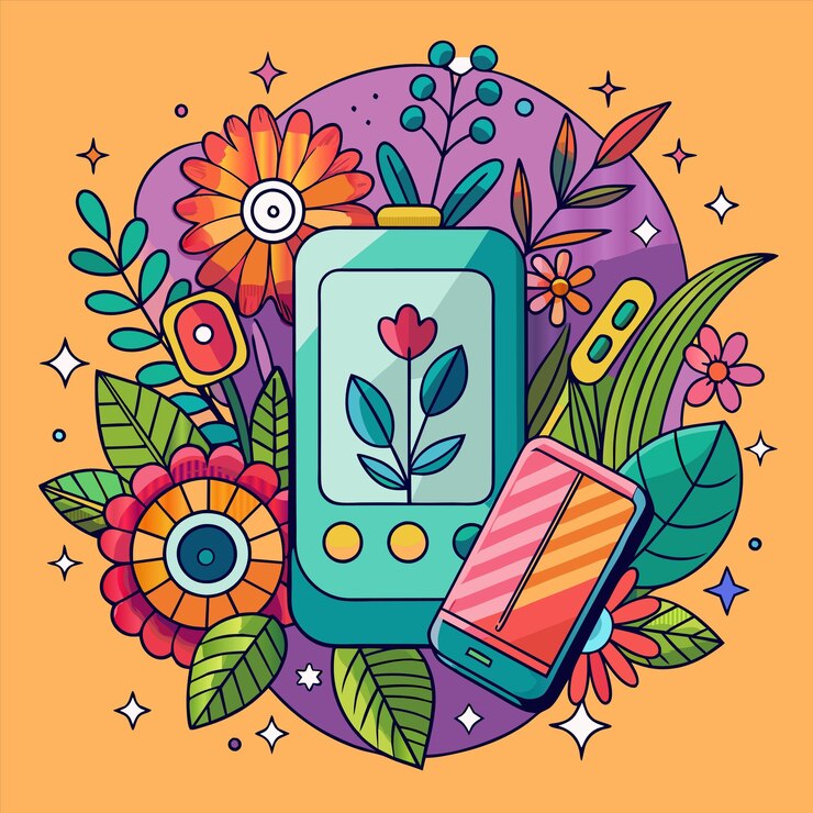 Vetor uma ilustração colorida de um celular com flores e uma foto de um celular
