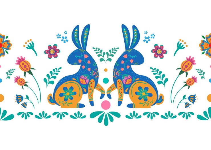 uma ilustração colorida de um coelho com flores e um sinal que diz coelho