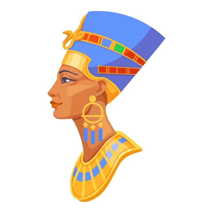 Vetor uma ilustração colorida de um perfil de uma rainha egípcia com tocado tradicional em um conceito de fundo simples de história ilustração vetorial