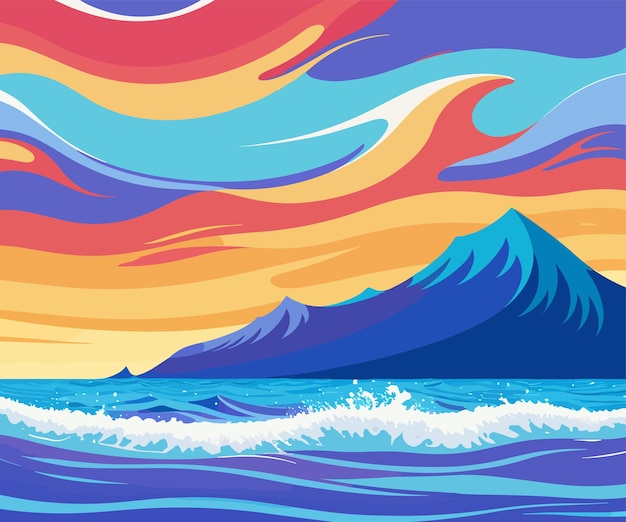 Uma ilustração colorida de um pôr do sol com montanhas e o mar ao fundo.