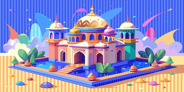 Uma ilustração colorida de um templo com um fundo azul e um padrão colorido