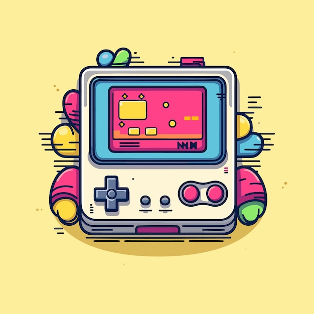 Vetor uma ilustração colorida de um videogame com a foto de uma pessoa e um controle remoto.