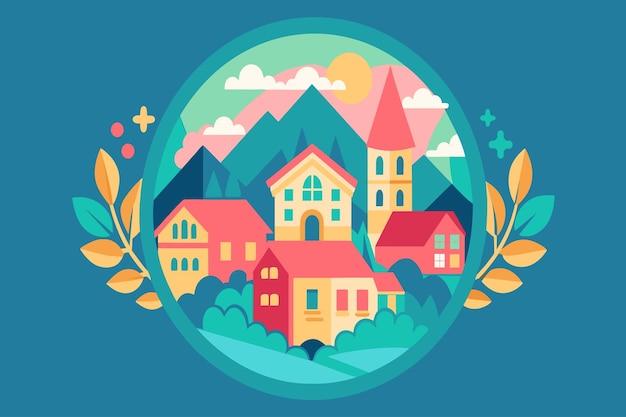 Uma ilustração colorida de uma cidade com casas e uma igreja
