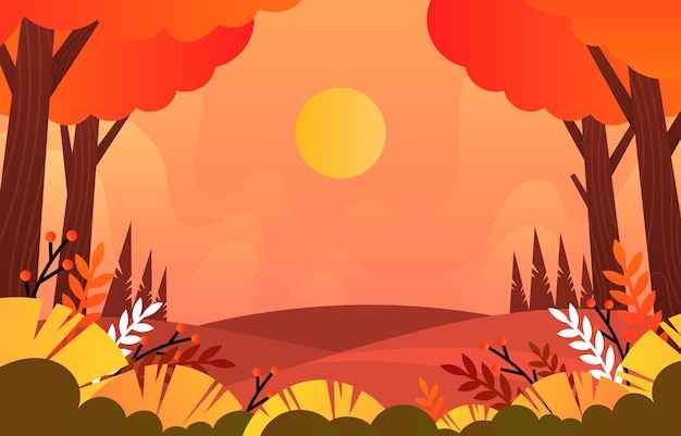 uma ilustração colorida de uma floresta com árvores e um sol no fundo