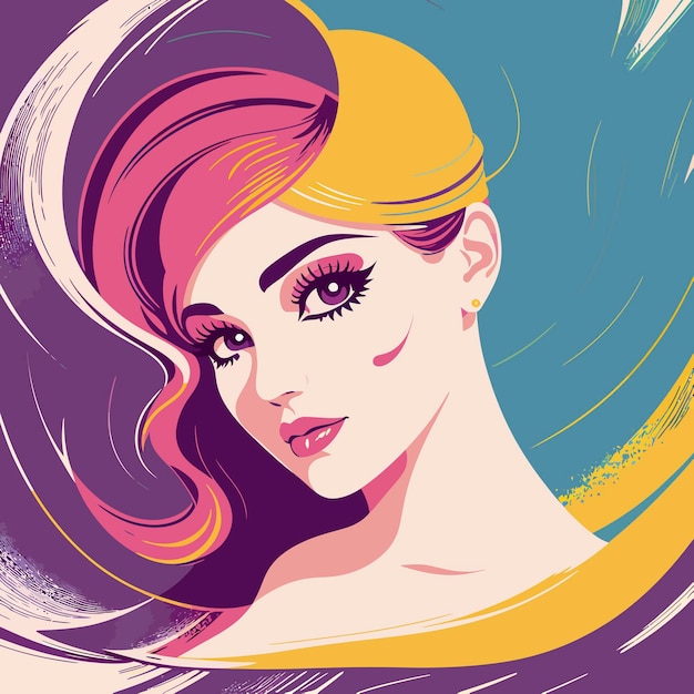 Uma ilustração colorida de uma mulher com cabelo comprido e um fundo colorido do arco-íris.