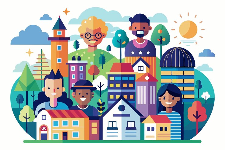Vetor uma ilustração colorida mostra diversos membros da comunidade envolvidos em seu bairro cercado de edifícios e marcos encantadores