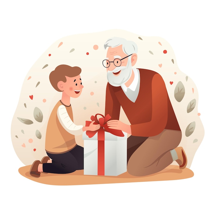 Vetor uma ilustração comovente de um avô e um neto sentados juntos com um presente