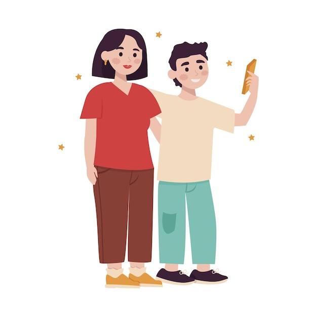 Uma ilustração da coleção - uma mãe e um filho adolescente tiram uma selfie no telefone.