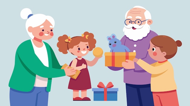 Vetor uma ilustração de avós dando brinquedos específicos de gênero aos seus netos reforçando