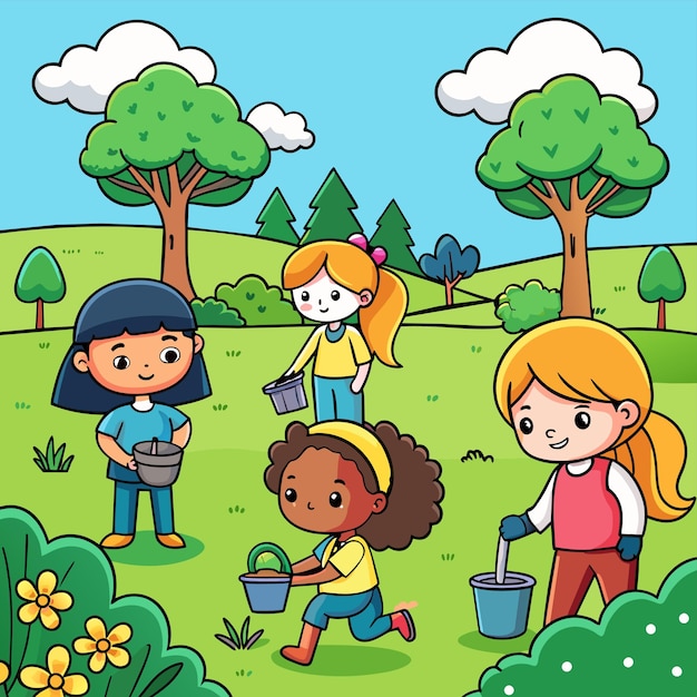 Vetor uma ilustração de desenho animado de crianças brincando no parque com baldes