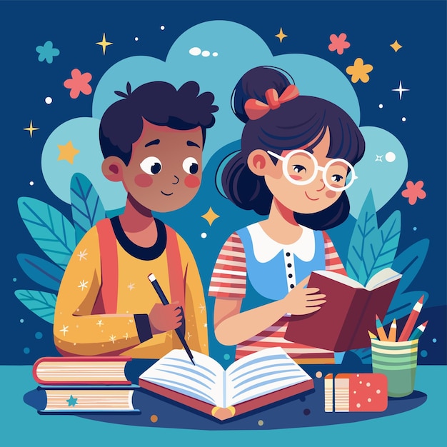 Vetor uma ilustração de desenho animado de duas crianças lendo um livro